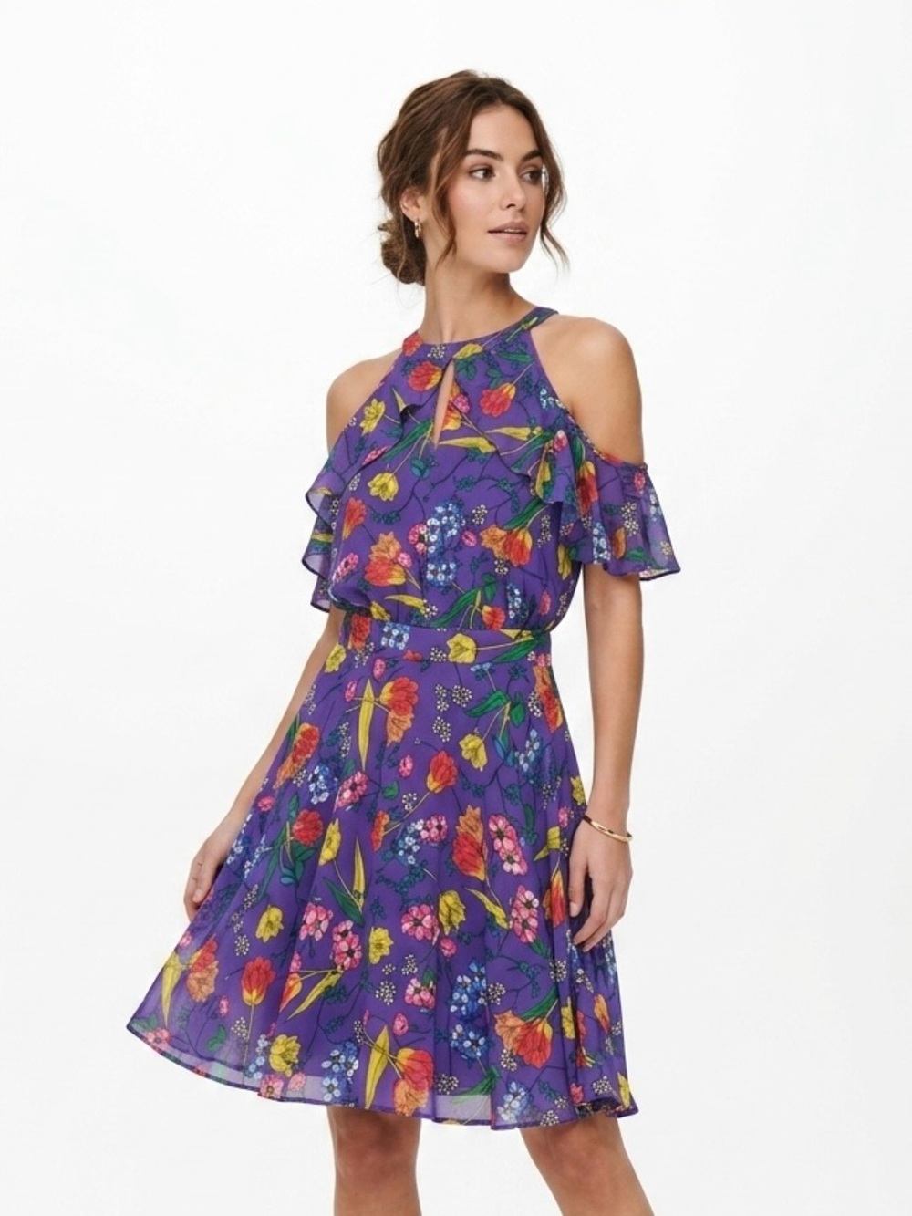 Only, Purple Floral Cold-Shoulder Fit & Flare Dress - L
